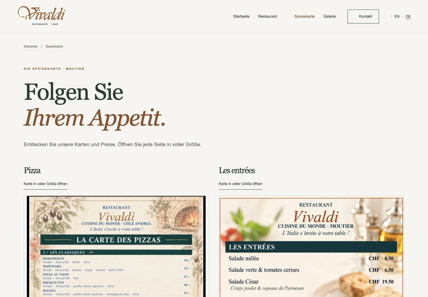 Restaurant Vivaldi Chez Andrea – Speisekarten